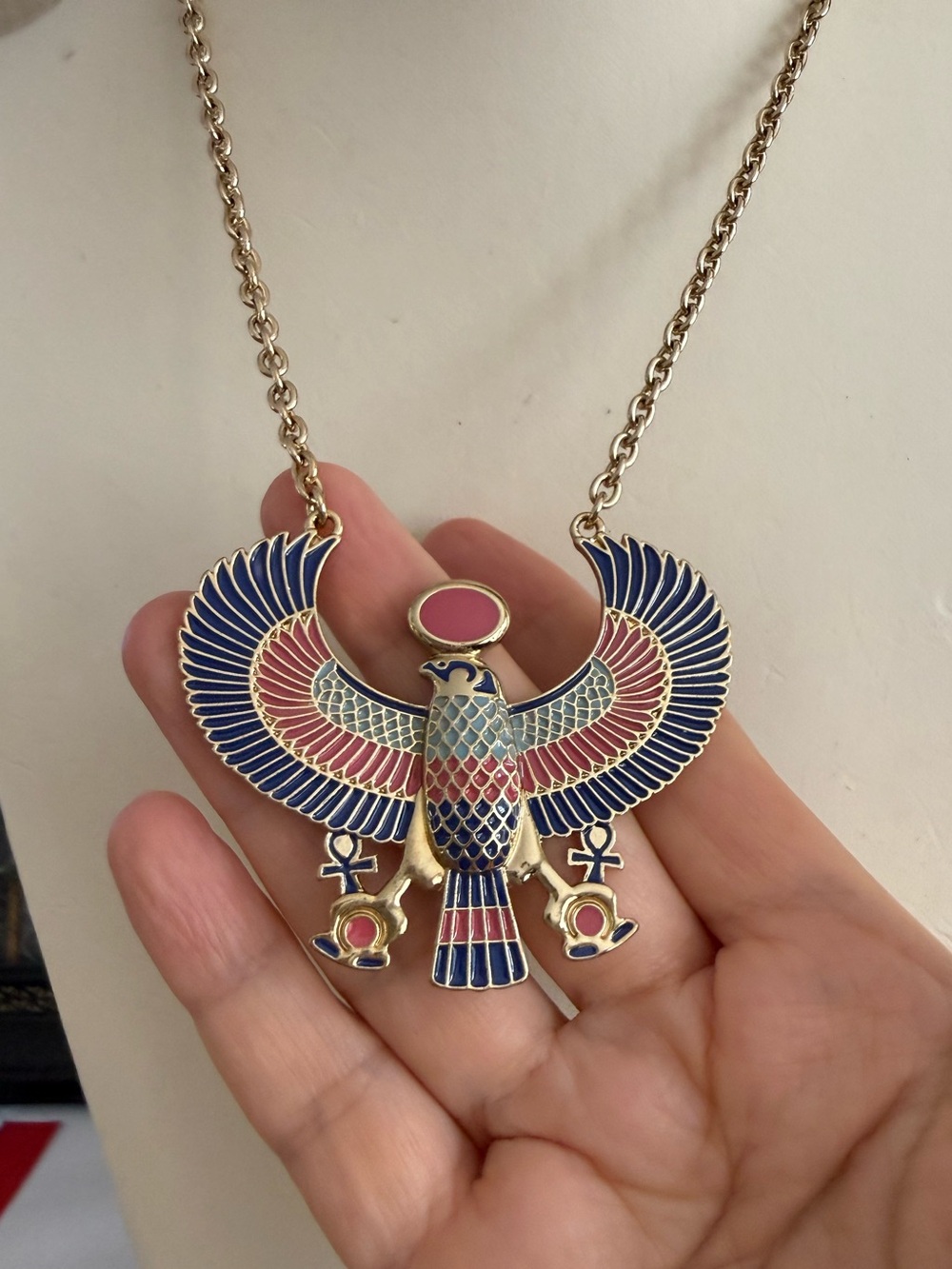 Egyptian Revival Horus Falcon red & blue enameled gold tone adjustable Necklace - Picture 3 of 7